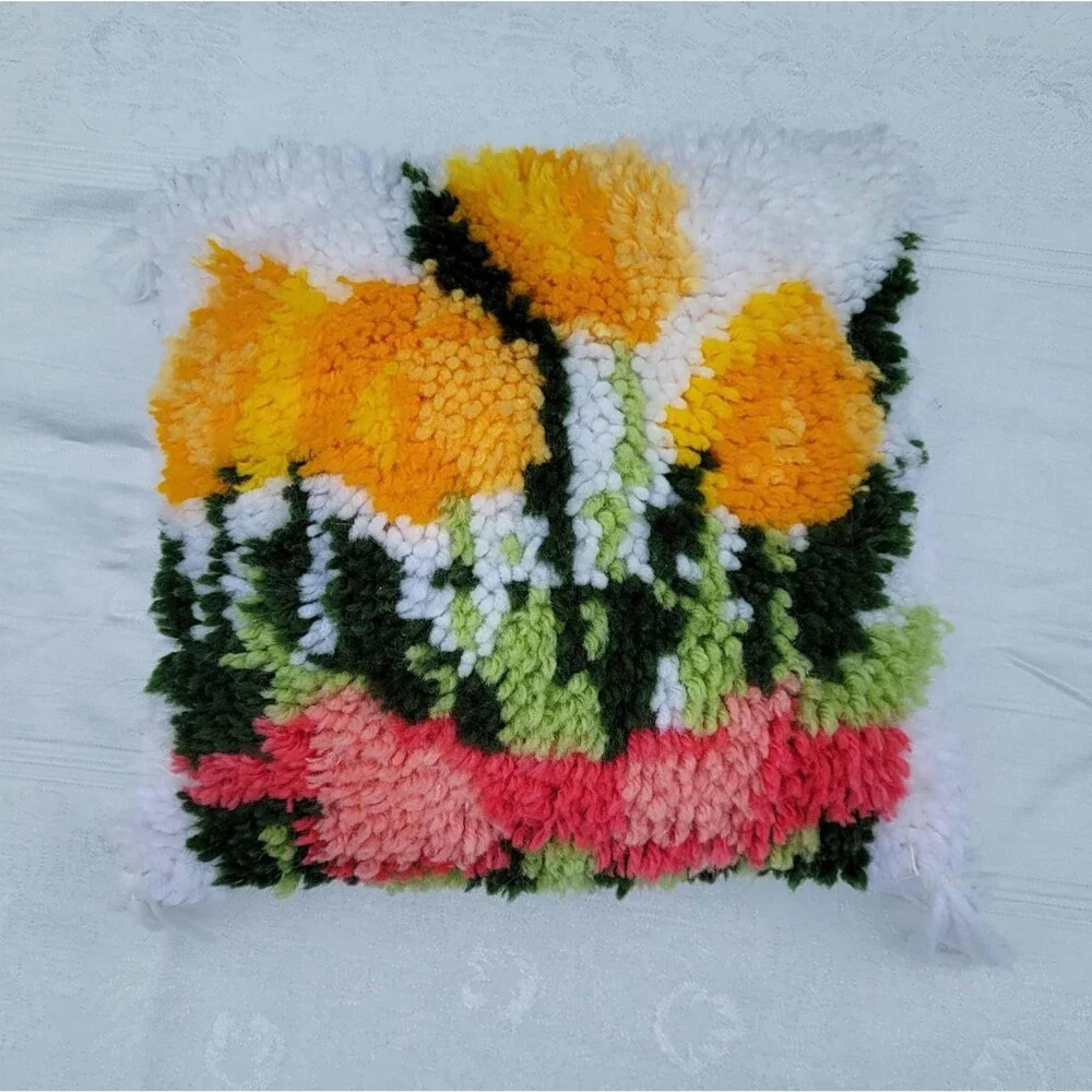 Vintage Tulips Pillow Latch Hook Handmade